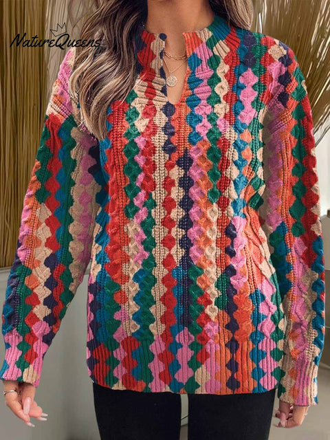 Women's Geometric Print V-Neck Long Sleeve Knit Pullover Sweater