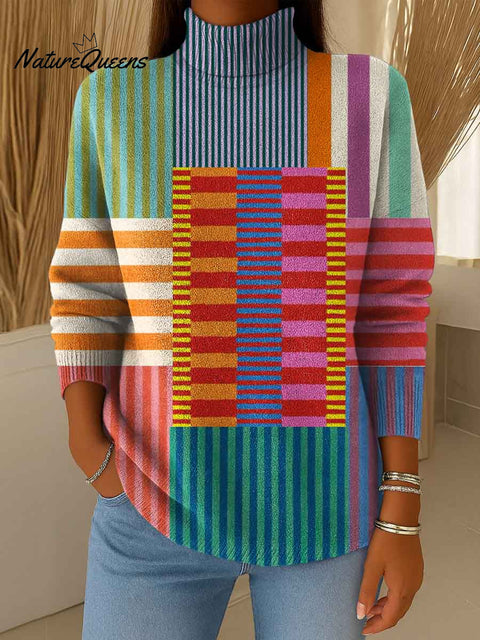 Women's Geometric Print Knitted Turtleneck Long Sleeve Pullover