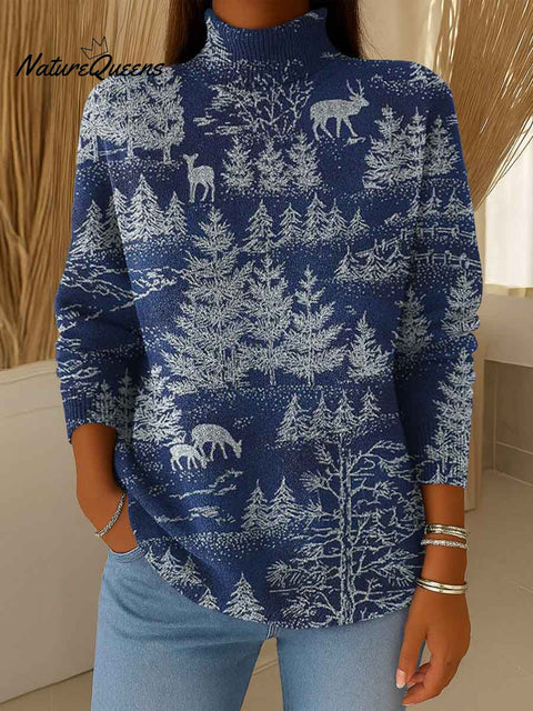 Women's Geometric Print Knitted Turtleneck Long Sleeve Pullover