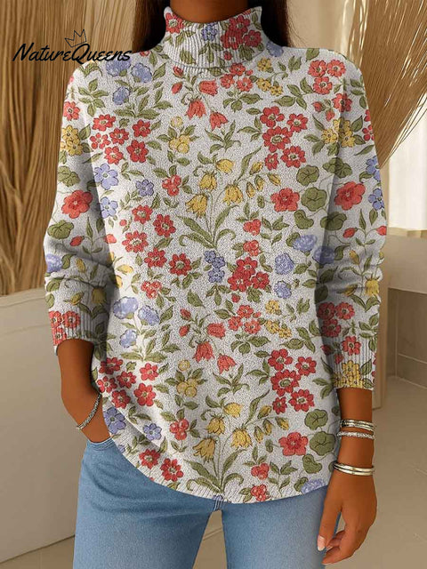 Women's Floral Print Knitted Turtleneck Long Sleeve Pullover
