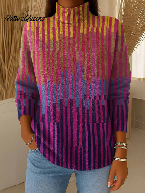 Women's Geometric Print Knitted Turtleneck Long Sleeve Pullover