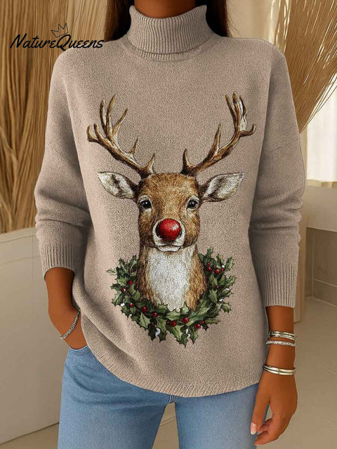 Women's Christmas Print Knitted Turtleneck Long Sleeve Pullover