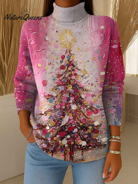 Women's Christmas Print Knitted Turtleneck Long Sleeve Pullover