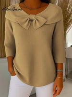 Women's Solid Color Round Neck 3/4 Sleeve Bow Casual Knit Pullover