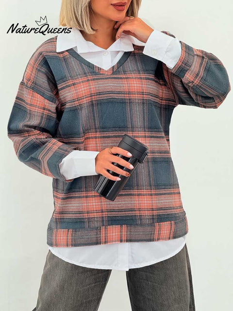 Women's Lapel Long Sleeve Plaid Stitching Fake Two-Piece Casual Pullover