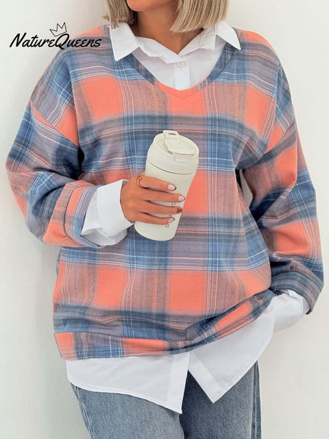Women's Lapel Long Sleeve Plaid Stitching Fake Two-Piece Casual Pullover