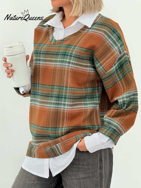 Women's Lapel Long Sleeve Plaid Stitching Fake Two-Piece Casual Pullover