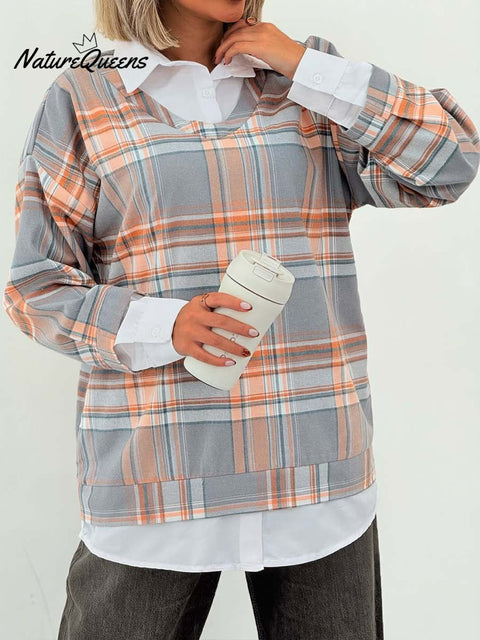 Women's Lapel Long Sleeve Plaid Stitching Fake Two-Piece Casual Pullover
