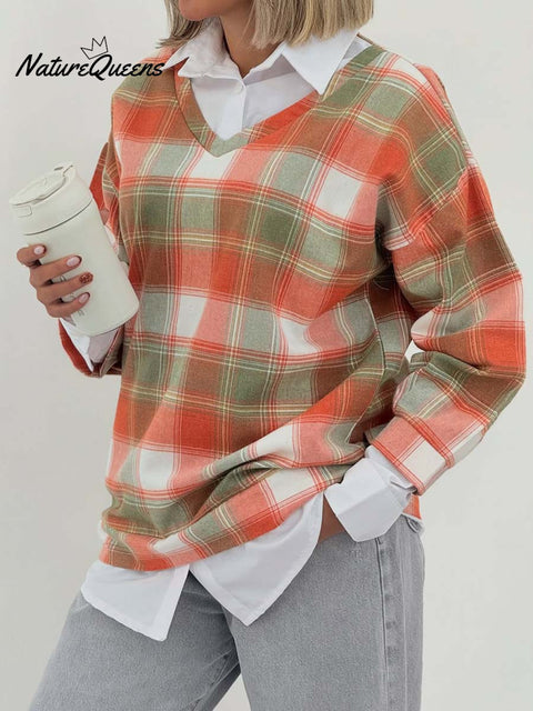 Women's Lapel Long Sleeve Plaid Stitching Fake Two-Piece Casual Pullover