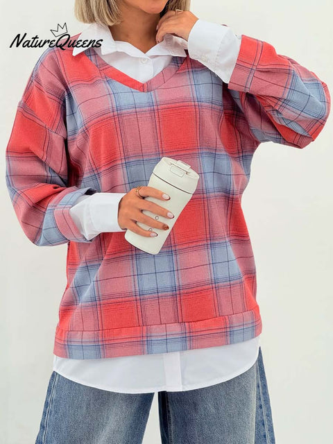 Women's Lapel Long Sleeve Plaid Stitching Fake Two-Piece Casual Pullover