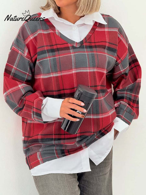 Women's Lapel Long Sleeve Plaid Stitching Fake Two-Piece Casual Pullover