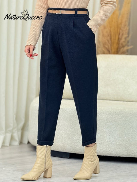 Women's High-Waisted Casual Wool Solid Color Cropped Pants