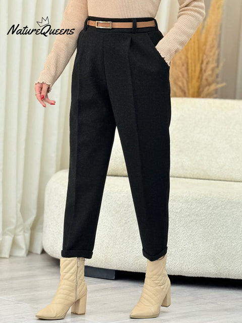 Women's High-Waisted Casual Wool Solid Color Cropped Pants