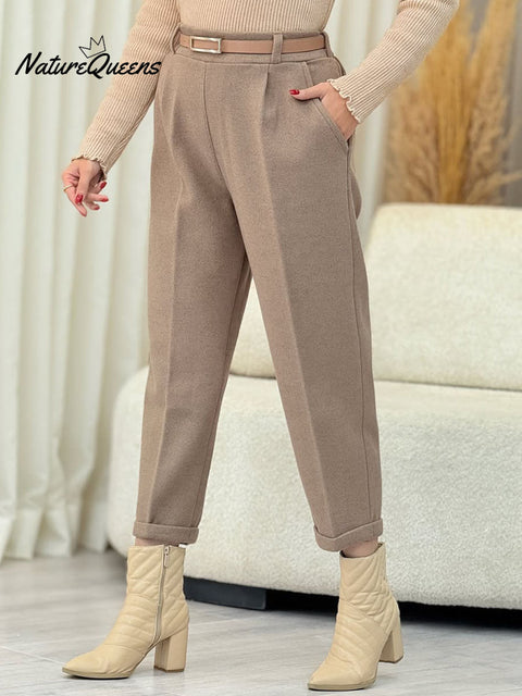 Women's High-Waisted Casual Wool Solid Color Cropped Pants