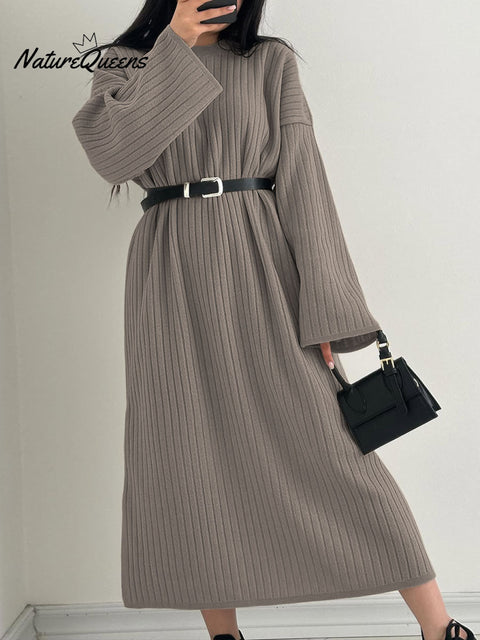 Women's Solid Color Round Neck Long Sleeve Casual Loose Dress
