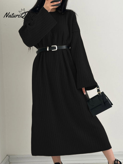 Women's Solid Color Round Neck Long Sleeve Casual Loose Dress