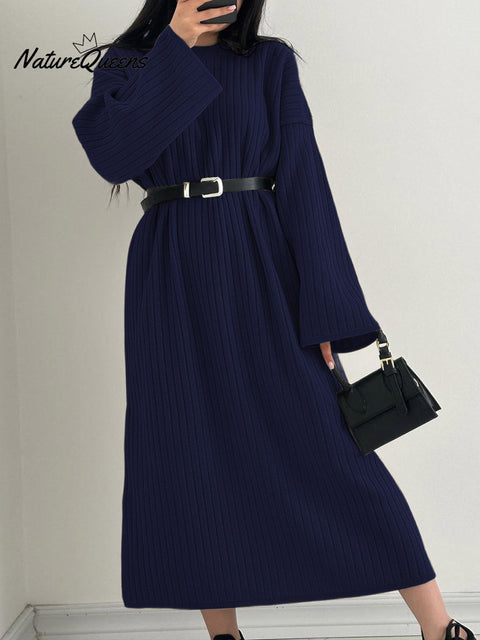 Women's Solid Color Round Neck Long Sleeve Casual Loose Dress