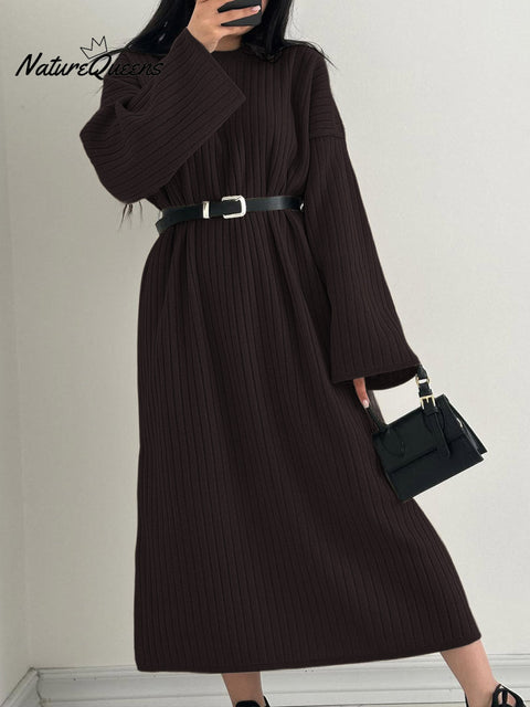 Women's Solid Color Round Neck Long Sleeve Casual Loose Dress