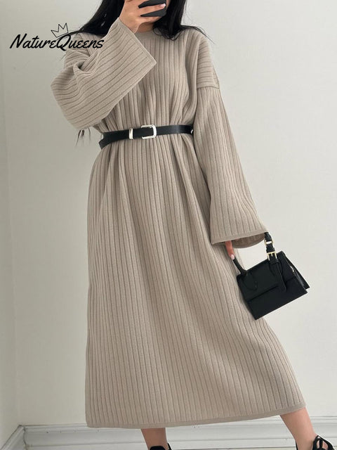 Women's Solid Color Round Neck Long Sleeve Casual Loose Dress