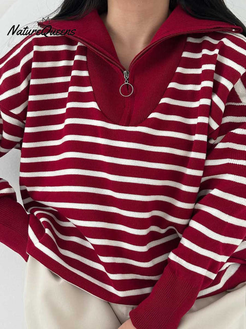 Women's Striped Print Turtleneck Long Sleeve Casual Loose Pullover