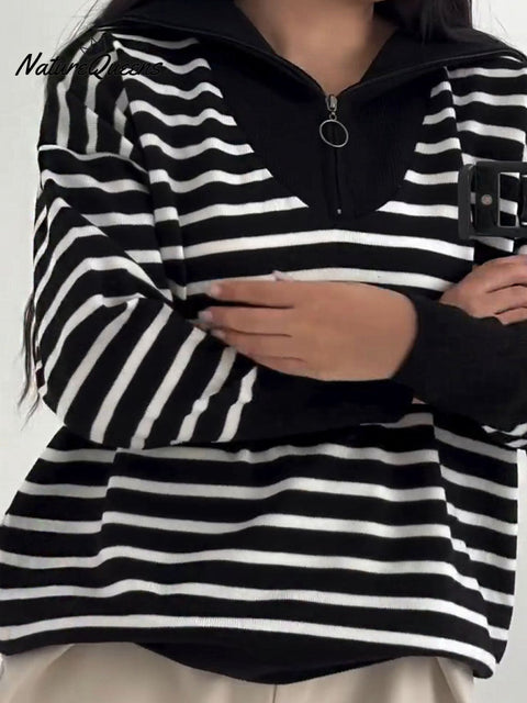 Women's Striped Print Turtleneck Long Sleeve Casual Loose Pullover