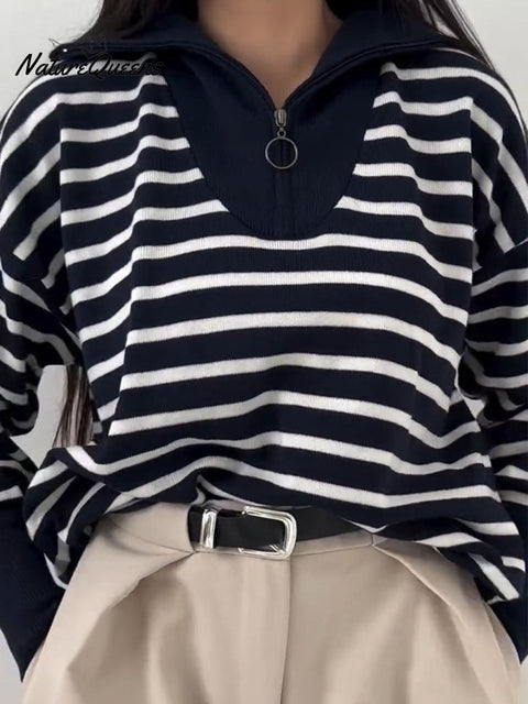 Women's Striped Print Turtleneck Long Sleeve Casual Loose Pullover