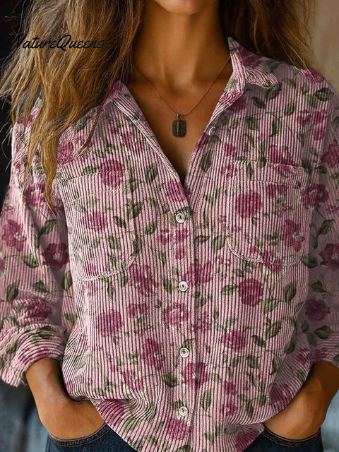 Women's Retro Floral Print Shirt Collar Long Sleeve Casual Knit Cardigan