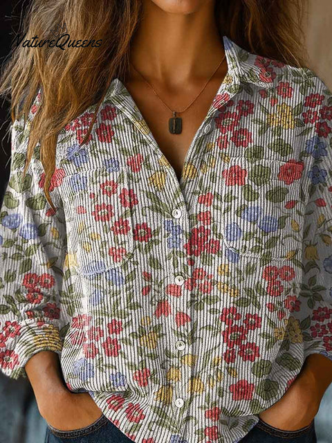 Women's Retro Floral Print Shirt Collar Long Sleeve Casual Knit Cardigan