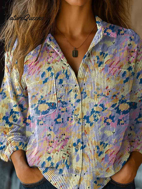 Women's Abstract Print Shirt Collar Long Sleeve Casual Knit Cardigan