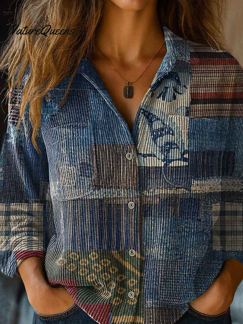 Women's Retro Patchwork Print Shirt Collar Long Sleeve Casual Knit Cardigan