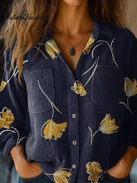 Women's Retro Floral Print Shirt Collar Long Sleeve Casual Knit Cardigan
