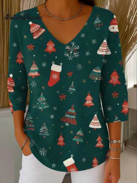 Women's Christmas Print V-Neck Three-Quarter Sleeve Casual Sweater