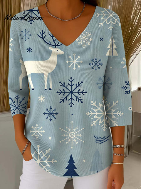 Women's Christmas Print V-Neck Three-Quarter Sleeve Casual Sweater