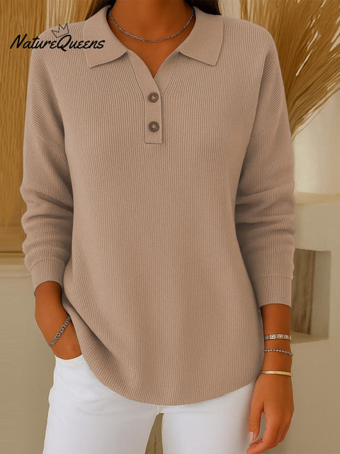 Women's Solid Color Lapel Long Sleeve Casual Pullover Sweater