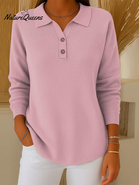 Women's Solid Color Lapel Long Sleeve Casual Pullover Sweater