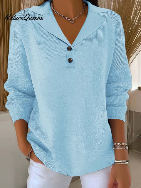 Women's Solid Color Lapel Long Sleeve Casual Pullover Sweater