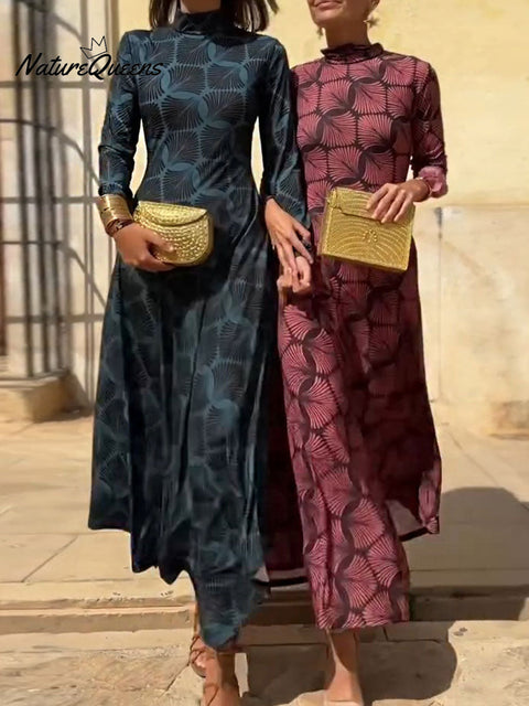 Women's Geometric Print Turtleneck Long Sleeve Casual Knit A-Line Dress