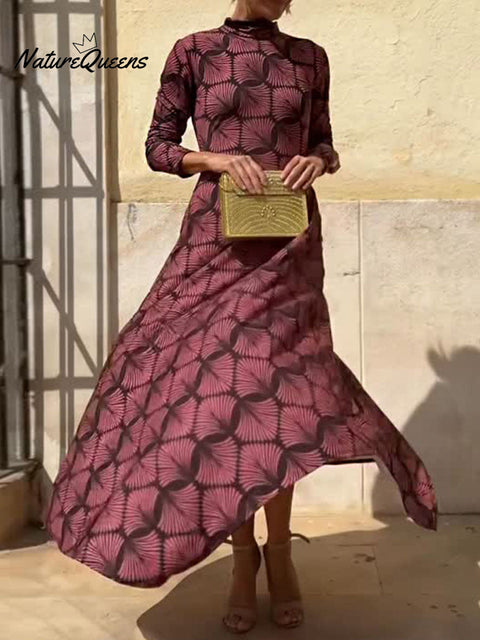 Women's Geometric Print Turtleneck Long Sleeve Casual Knit A-Line Dress