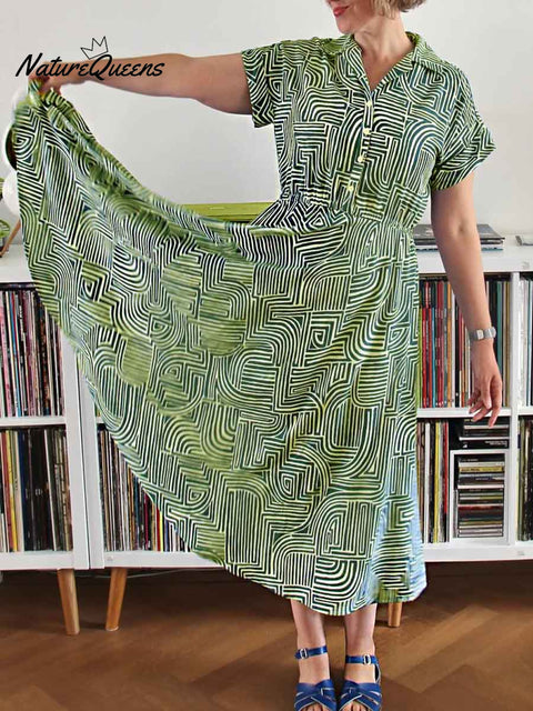 Women's Geometric Print Lapel Short Sleeve Casual Cotton Dress