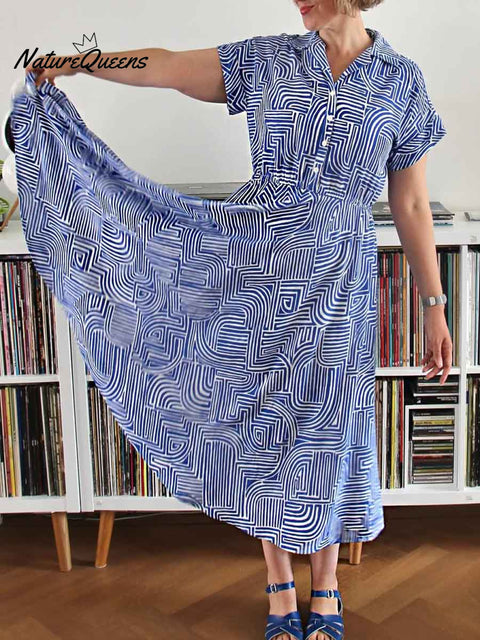 Women's Geometric Print Lapel Short Sleeve Casual Cotton Dress