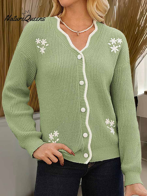 Women's Solid Color Petal Collar Long Sleeve Embroidered Casual Knit Cardigan