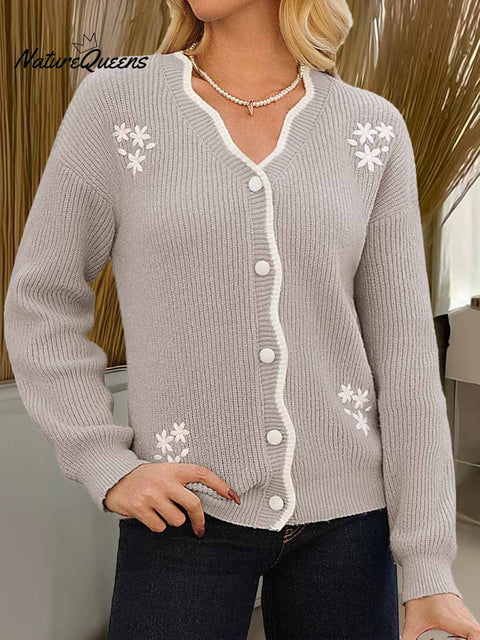 Women's Solid Color Petal Collar Long Sleeve Embroidered Casual Knit Cardigan