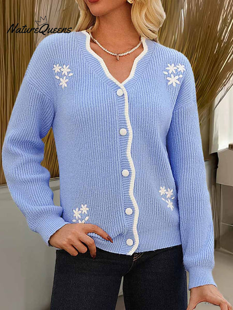 Women's Solid Color Petal Collar Long Sleeve Embroidered Casual Knit Cardigan
