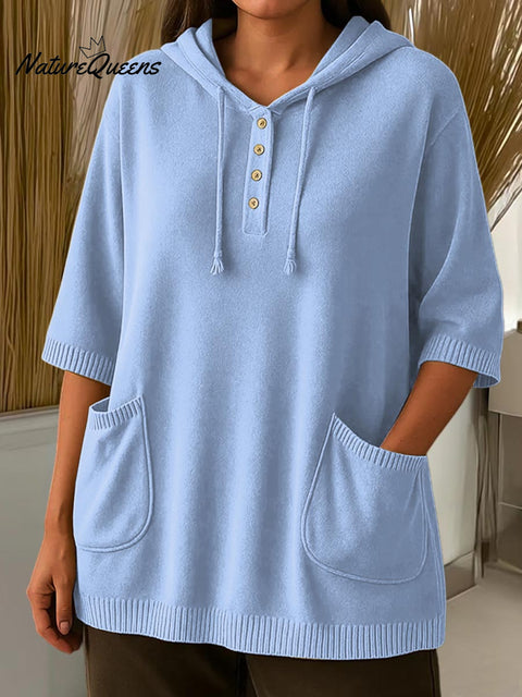 Women's Solid Color Mid-Sleeve Casual Hooded Pullover