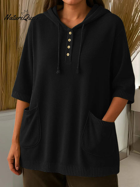 Women's Solid Color Mid-Sleeve Casual Hooded Pullover