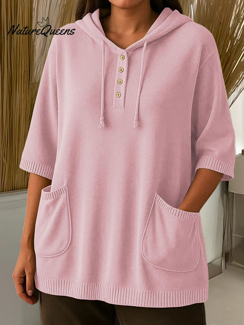 Women's Solid Color Mid-Sleeve Casual Hooded Pullover