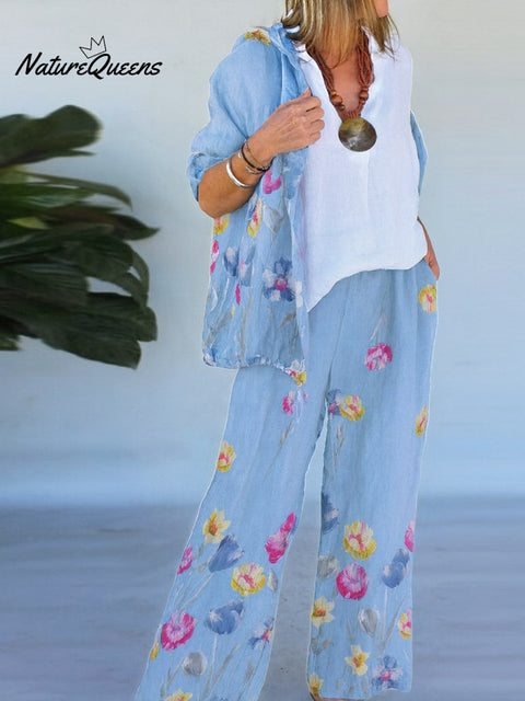 Women's Floral Print Long Sleeve Hooded Cardigan Elastic Waist Positioning Print Casual Wide Leg Pants Set