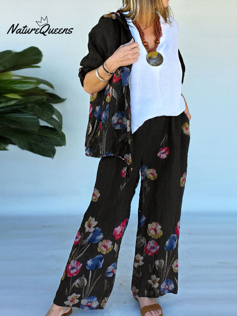 Women's Floral Print Long Sleeve Hooded Cardigan Elastic Waist Positioning Print Casual Wide Leg Pants Set