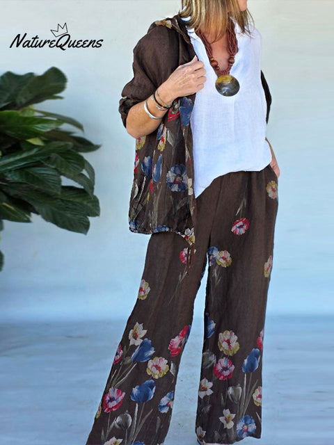 Women's Floral Print Long Sleeve Hooded Cardigan Elastic Waist Positioning Print Casual Wide Leg Pants Set