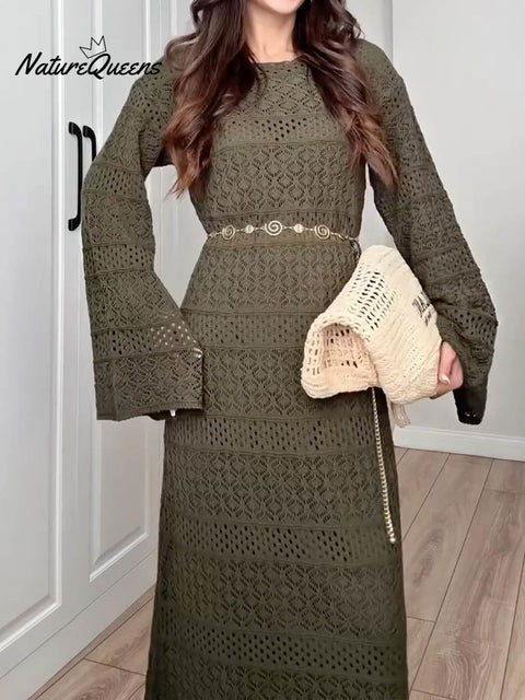 Women's Solid Color Round Neck Long Sleeve Casual Loose Knitted Maxi Dress